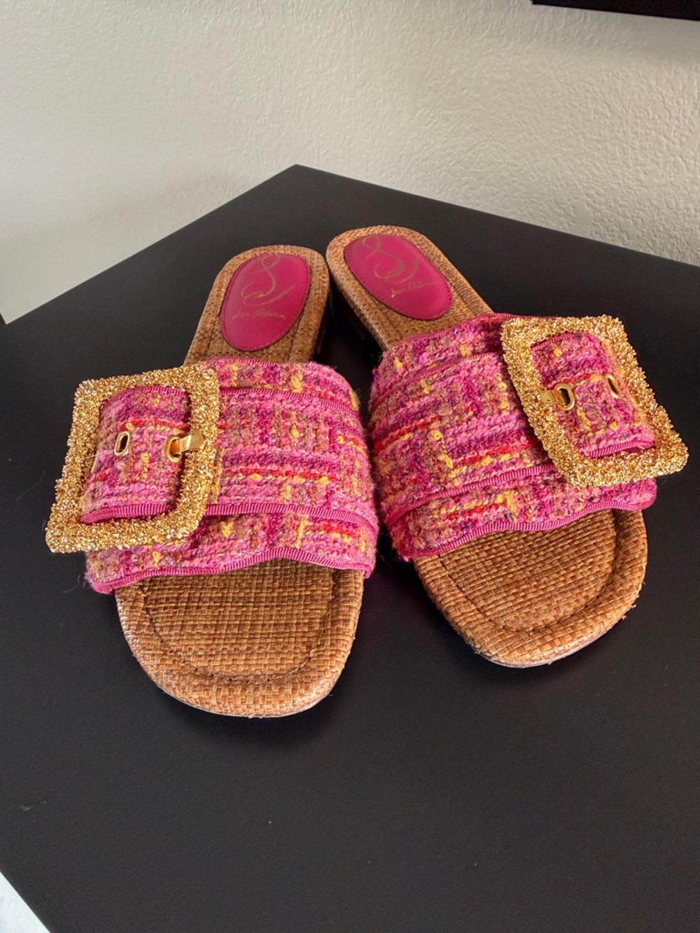 Sam Edelman Bambi 2 Pink Tweed Slide Sandals with Gold Buckles - Picture 4 of 12